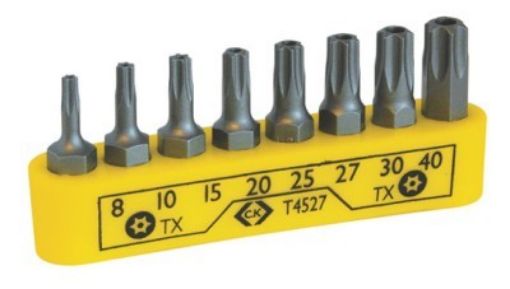 Picture of Set of 8 C.K. Torx Tamperproof 25mm Long 1/4" Hex Screwdriver Bits T4527 934755