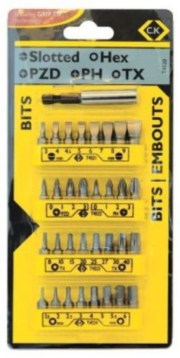 Picture of Set of 32 C.K. Assorted 25mm Long 1/4" Hex Screwdriver Bits c/w Bit Holder T4520 934751