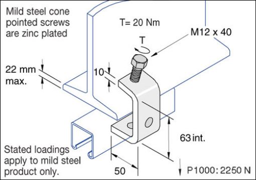 Picture of P1271SS SS External C Type Beam Clamp Bracket c/w Cone Point Screw Unistrut 304846