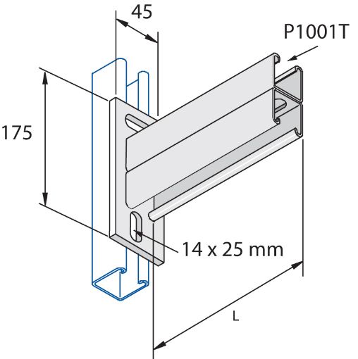 Picture of P2665T/150 41 x 41 x 150mm Slotted Back to Back Cantilever Arm H.D.G. Unistrut 304750