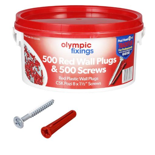 Picture of 500 Red Wall Plugs & 500 BZP CSK Pozi / Cross 8 x 1 1/2" Screws 242-222-010 964029